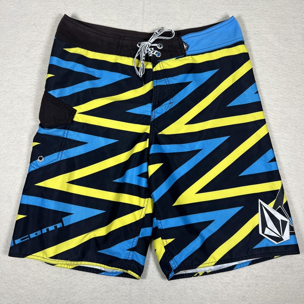 Volcom Board Shorts Mens Size 36 Black Blue Yellow Zigzag Swim Trunks - Picture 2 of 8
